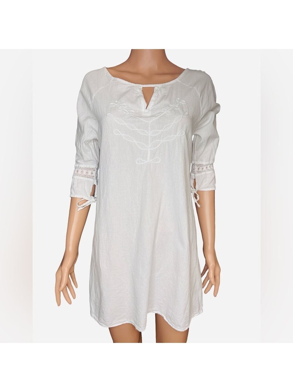 White Embroidered Cotton Mini Dress with Tie Sleeves Small